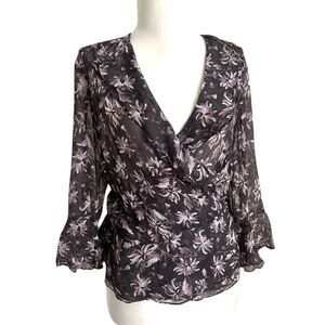 Vintage Y2K Silk Ruffled Wrap Blouse Sz 16W Purple Black Floral Whimsigoth Fairy